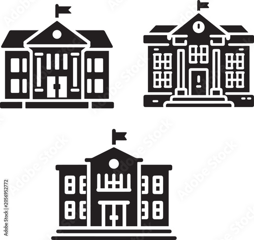 Set of School Building Icons, University and Government Architecture Silhouettes