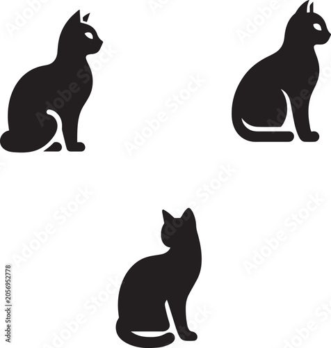 Set of Sitting Cat Icons, Domestic Feline Profile and Back View Silhouettes