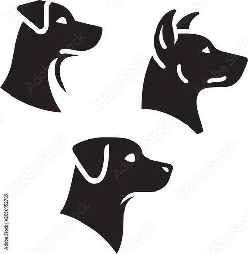 Set of Dog Head Profile Vector Silhouettes, Canine Icons with Different Dog Breeds