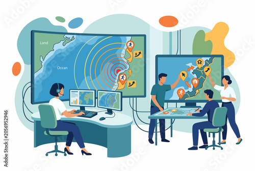 Emergency Rescue Team Monitoring Natural Disaster on Digital Screens