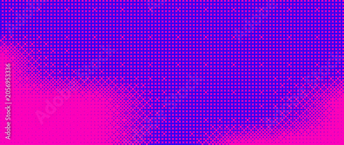 Blue pink bitmap pixel texture. Dotted dither gradient pattern background. 8 bit halftone faded pop art gradation wallpaper.