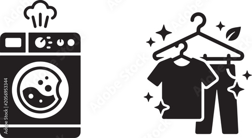Schilderij op canvas Art & Illustration, Household appliance icons showcasing a front-loading automatic washer next to clothes hanging on a wardrobe rack with rising steam vapors