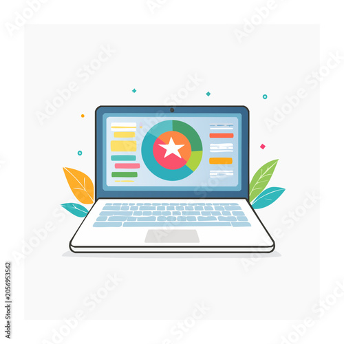 Flat design laptop with analytics charts