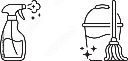 Schilderij op canvas Art & Illustration, Linear housekeeping icons depicting a professional chemical trigger spray bottle with sparkles alongside a janitorial cleaning bucket filled with water and a mop