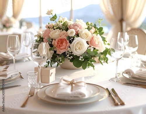 Elegant table setting with fresh flowers and wine glasses.