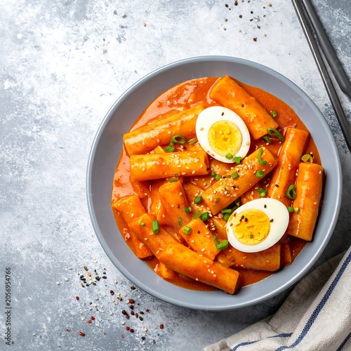 A bowl of vibrant, spicy rice cakes in a savory sauce, garnished with boiled egg and green onions