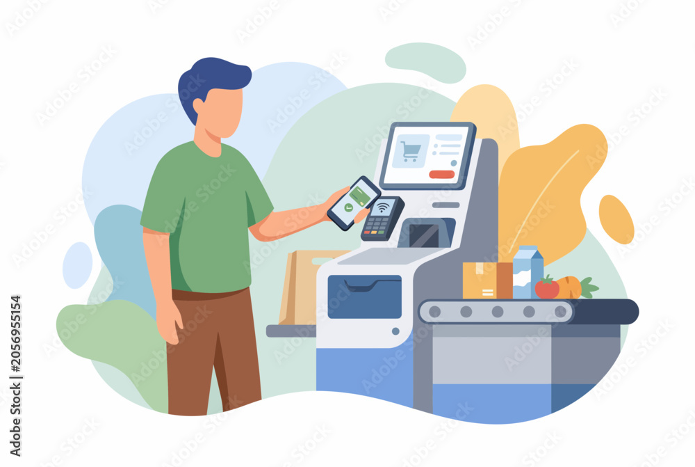 Fototapeta premium Man using self service kiosk for touchless mobile payment