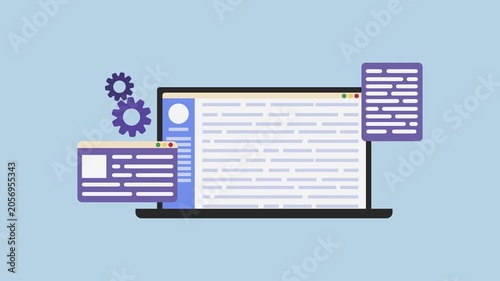 Laptop and files appearing with text on screen, online education, e-learning concept 2d animation with alpha matte