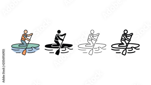 Bilde på lerret Four different paddleboarders on water with various colored designs and styles
