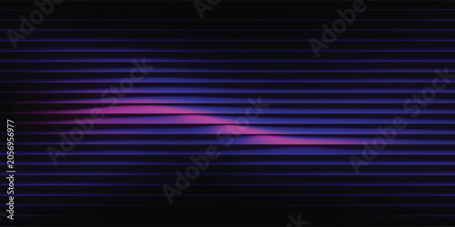 Abstract glowing purple and magenta wave on black background with horizontal lines. Futuristic dark neon tech backdrop, metallic texture vector background.