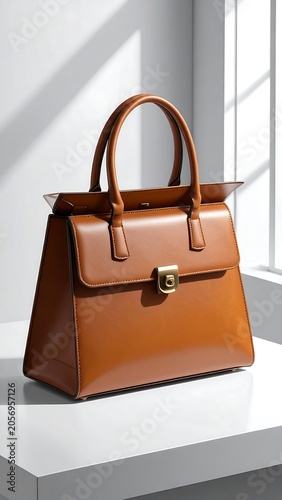 A brown leather handbag with a gold clasp sits on a white surface beside a window