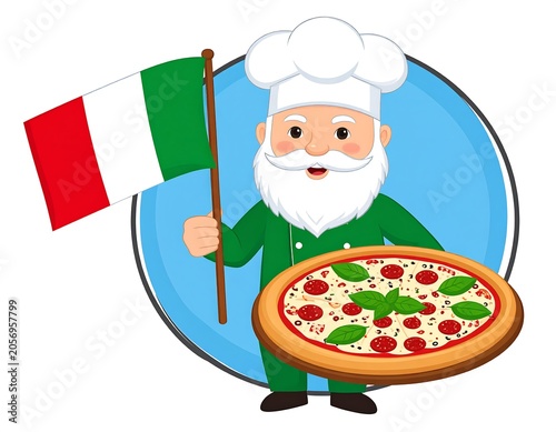 Cartoon chef holding pizza in kitchen setting.