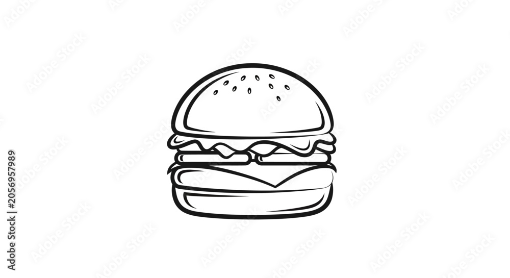 Fototapeta premium Detailed hand-drawn style hamburger icon, black and white line art illustration of a classic fast food burger with bun, patty, and cheese