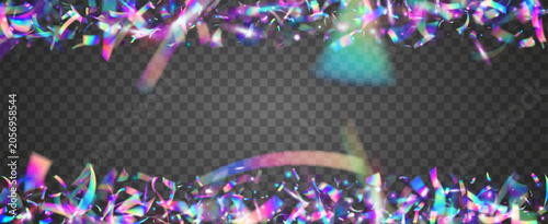 Hologram Tinsel For Carnival. Prism Flare And Crystal Effects For A Birthday Party Bg. Transparent Film With Holographic Shine And Light Streak Blur. Purple And Pink Hologram Tinsel