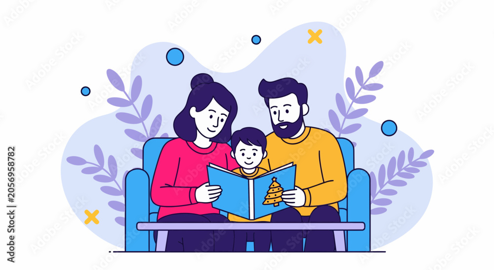 Naklejka premium Mom dad boy sit on blue couch read new book at home for joy and fun