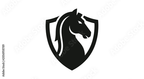 Foto Horse head silhouette within a shield shape black on white background