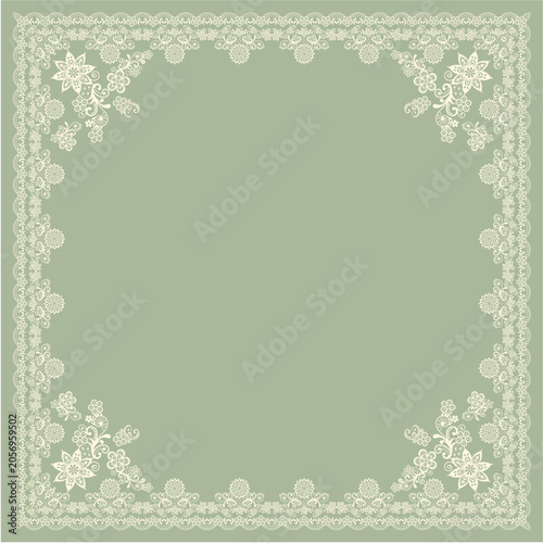 Abstract Geometric Digital Background: Luxury Vintage Shabby Chic Square Scarf Layout and Ornamental Botanical Climbing Rose Garden Flowers Pattern for Contemporary Creative Graphic Design Sage Green