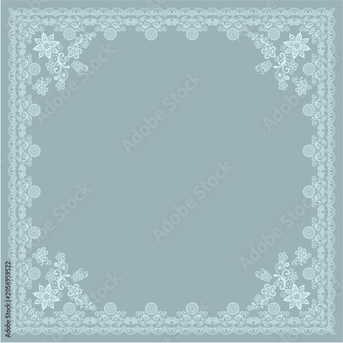 Abstract Geometric Digital Background: Luxury Vintage Shabby Chic Square Scarf Layout and Ornamental Botanical Climbing Rose Garden Flowers Pattern for Contemporary Creative Graphic Design Soft Blue