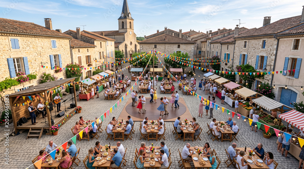 Obraz premium Marché festif sur une place de village vue en hauteur