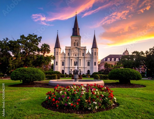 Majestic cathedral at twilight with vibrant sky and flowers.