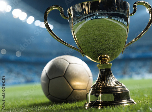 Golden Football Championship Trophy and Soccer Ball on Grass