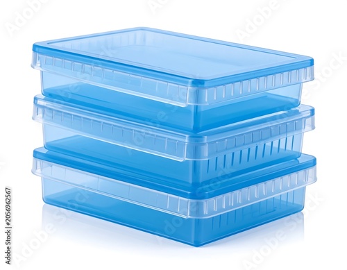 Blue plastic storage container crate stack.