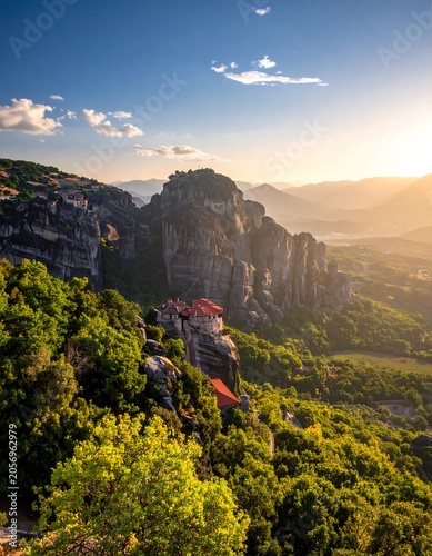 A breathtaking landscape of rugged cliffs and lush greenery with a building perched on the side, set against a vibrant blue sky with scattered clouds and a radiant sun