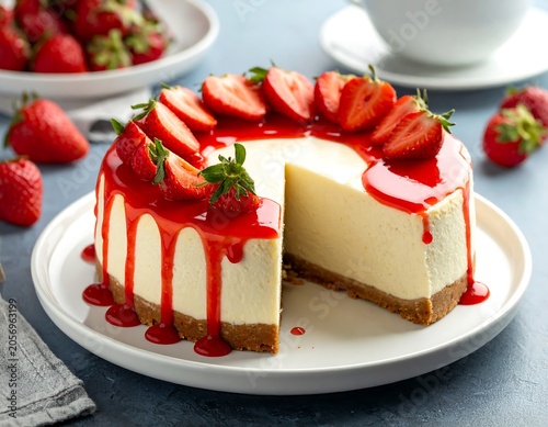 Strawberry shortcake slice on white plate.