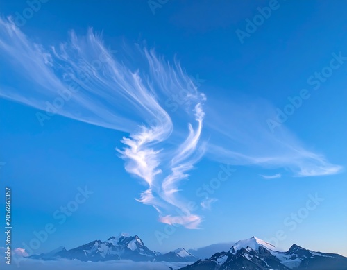 A breathtaking landscape of snow-capped mountains under a vibrant blue sky with wispy white clouds