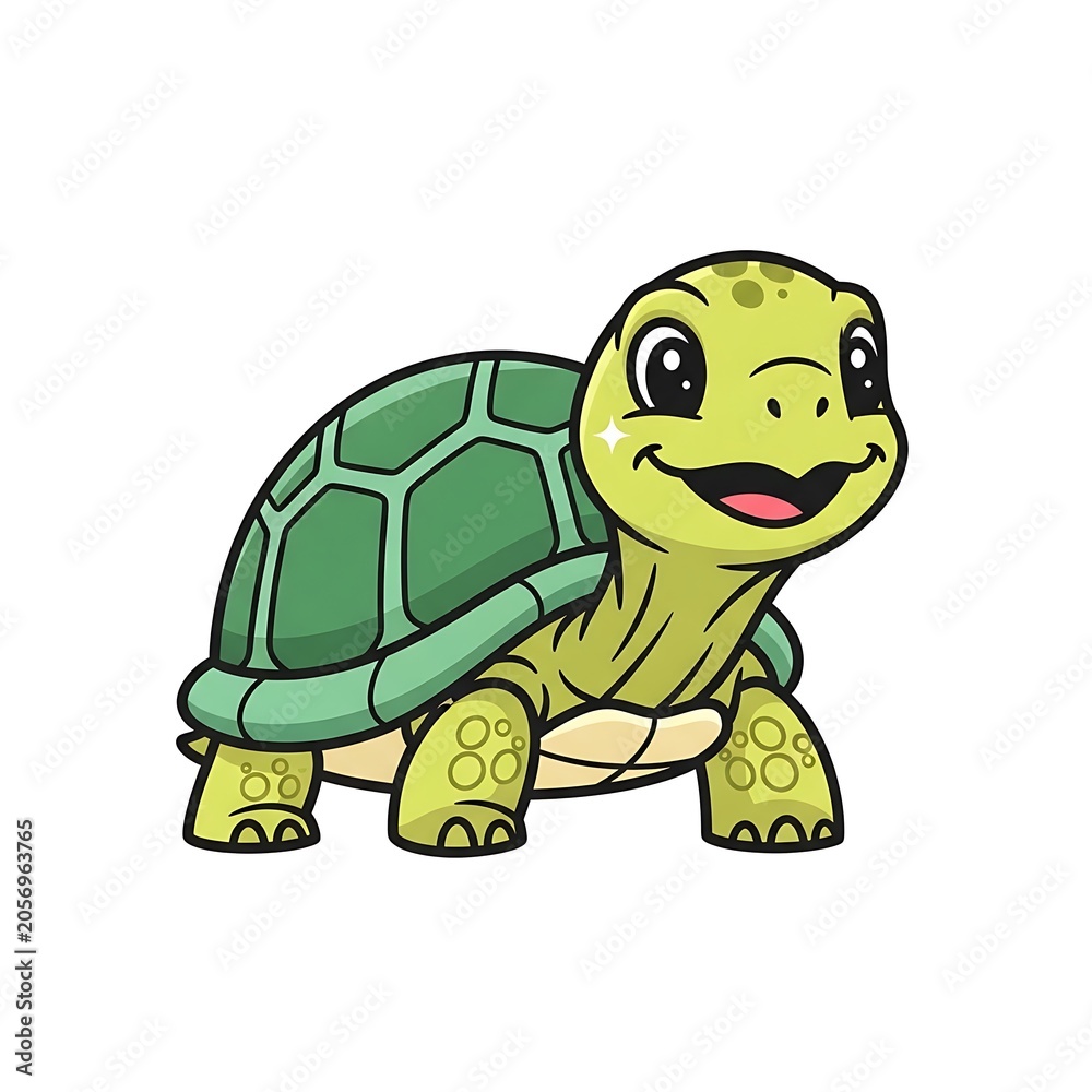 Obraz premium Cartoon green turtle with happy expression swimming.
