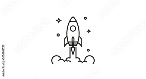 Minimalist rocket launch icon with smoke clouds and stars on white background