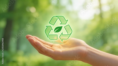 Hand holding recycling symbol in nature