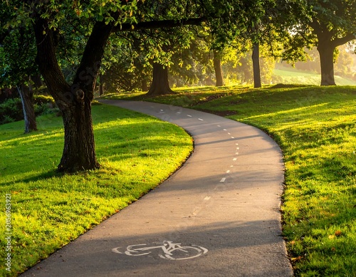 Serene park pathway with fallen leaves and bench.