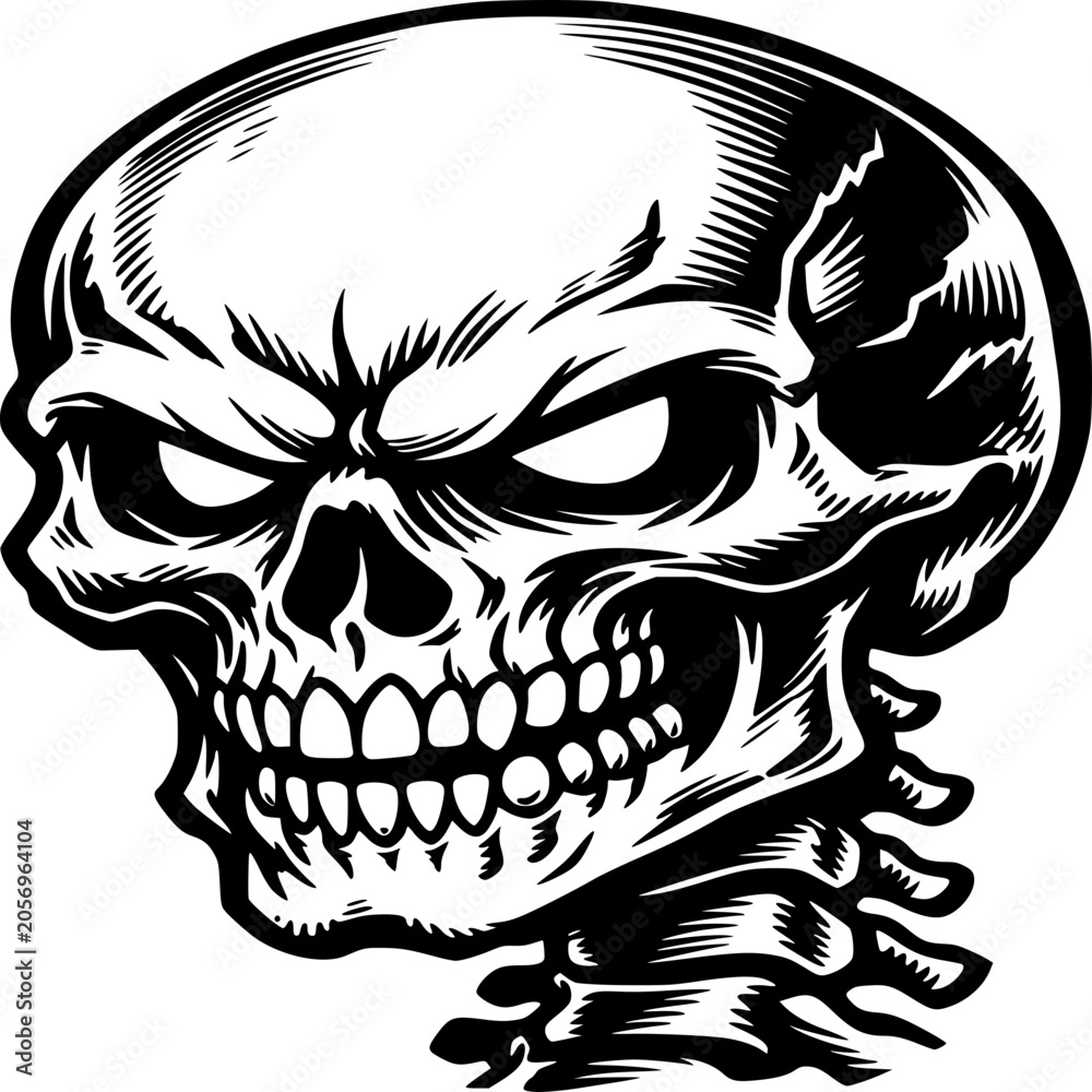 Fototapeta premium Sinister Skull: A menacing skull illustration, rendered in a stark black and white graphic style, conveys a sense of dread and gothic horror.