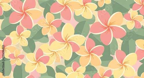 Seamless pattern of tropical plumeria flowers in soft pink and yellow hues with green leaves, creating a vibrant floral background.