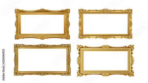 Set of 4 Vintage Gold Picture Frame Vector, Antique Horizontal Border, Classic Certificate Frame Ornate