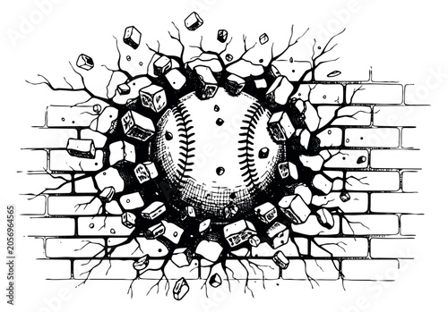 Hand drawn line art illustration of a baseball breaking through a brick wall depicting powerful impact for sports promotion