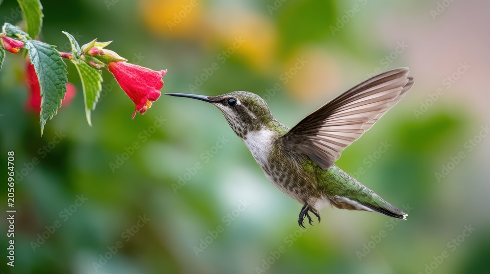 Obraz premium Vibrant Hummingbird Feeding on Red Flower in Natural Habitat