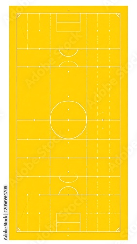 A bright yellow rectangular soccer field with white lines and markings
