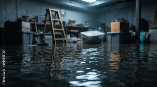 A flooded basement filled with dark water and various storage belongings.