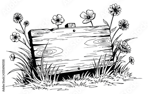 Hand drawn line art illustration of a wooden sign depicting a blank board surrounded by spring flowers and grass for nature concepts
