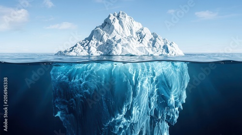 A massive iceberg floats in the ocean, showing a small tip above water and a large mass concealed underwater.