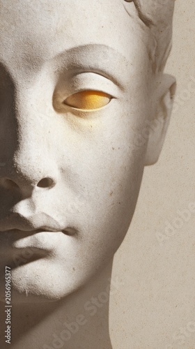 Minimalist fine art photography, close-up of a female marble statue waking up,