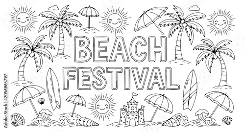 Hand drawn line art beach set featuring 