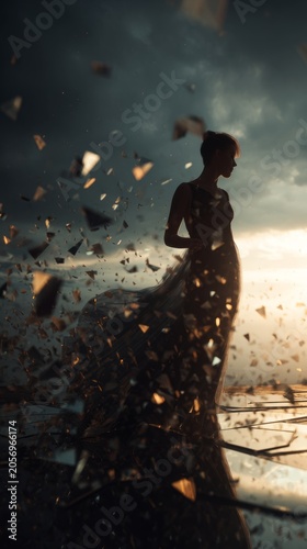 Cinematic wide shot, a woman's silhouette breaking through a shattered glass ceiling, fragments of glass reflecting golden light, the background transitions from a dark stormy sky to a radiant sunrise