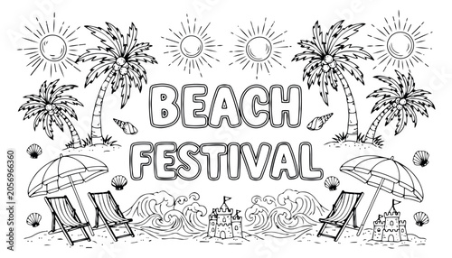 Hand drawn line art beach elements set featuring 'beach festival' typography, palm trees, suns, and beach items for summer holiday design