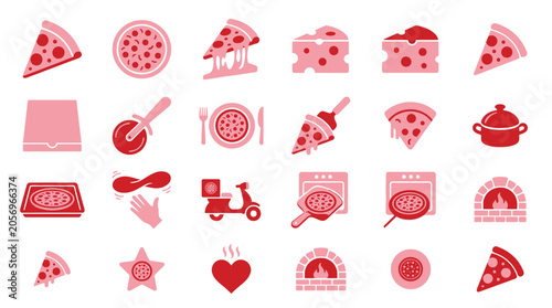 Foto Collection of pizza icons and symbols in pink and red colors, representing various aspects of pizza making and delivery