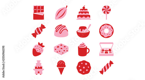 Photos Collection of sweet treats and desserts, including chocolate, candy, and ice cream, in a flat design style