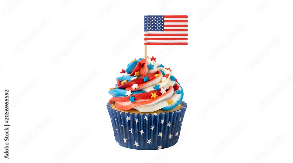 Obraz premium Patriotic cupcake with american flag topper isolated on transparent background