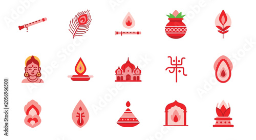 Tableau sur toile Collection of Indian cultural and religious symbols in red and pink tones, including deities, temples, and traditional items